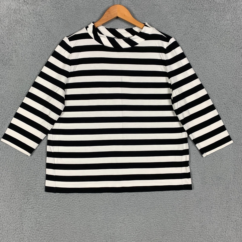 Chico's Shirt Top Womens 2 US 12 Black/Ecru Stripe Retro 3/4 Sleeve Knit NWT $69